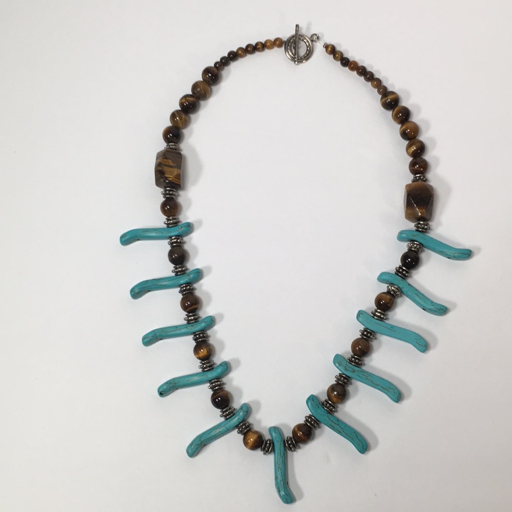Beautiful Turquoise Colored Howlite and Tiger Eye Beaded Necklace for Women - Picture 7 of 7